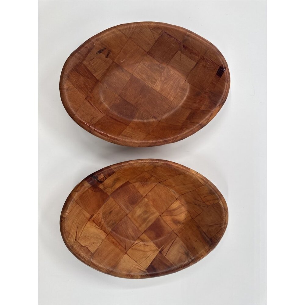 Vintage Parquet Weave Wood Oval Serving Bowls 12" Lot of 2 Woven Mid Century MCM - Picture 5 of 9